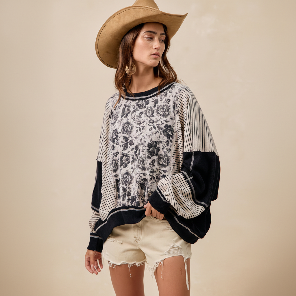 Colorblock Stripe Mix Top Grey/Black - Lifestyle image styled with denim shorts and cowboy hat