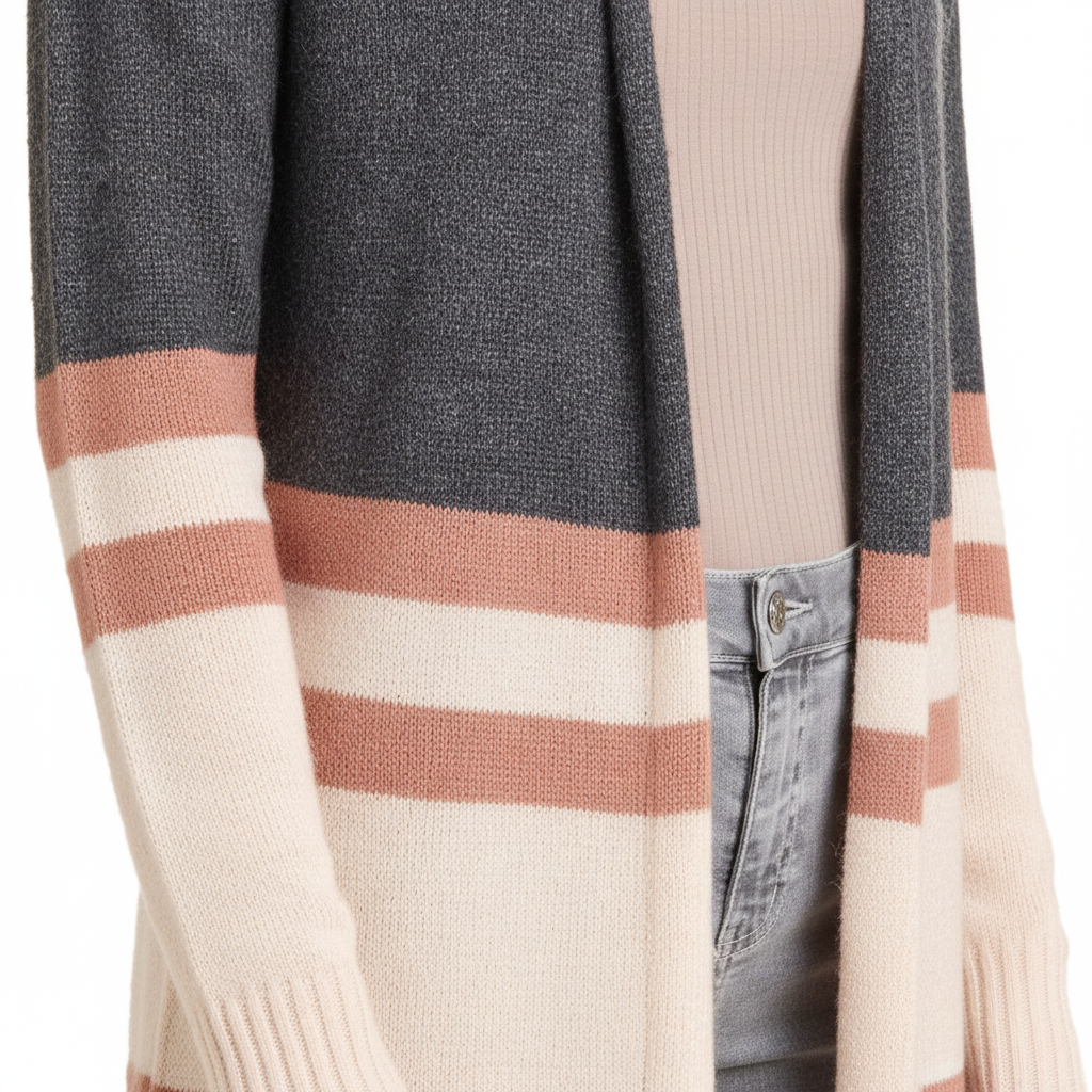 Close-up of cashmere color block cardigan, charcoal to cream knit transition with dusty rose mauve stripe detail
