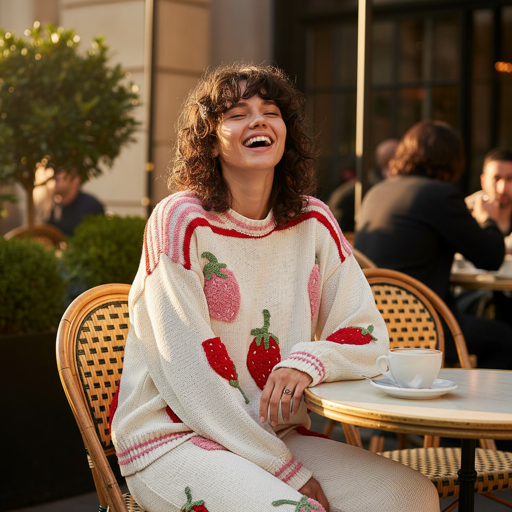 POL Clothing cream strawberry applique knit sweater on model, outdoor cafe brunch setting
