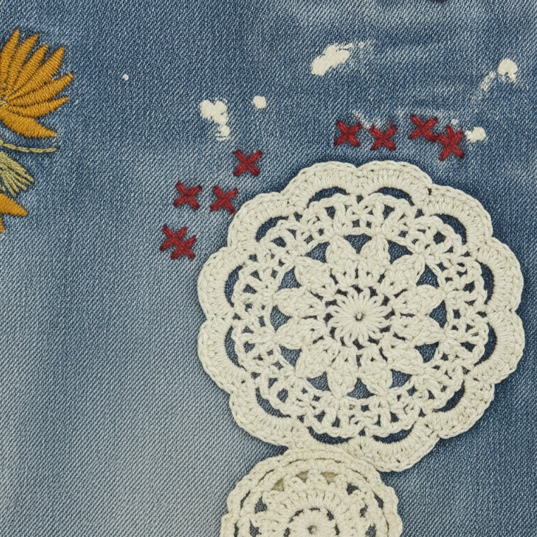 Women's embroidered denim pants close-up, decorative stitching detail, mineral-washed fabric texture