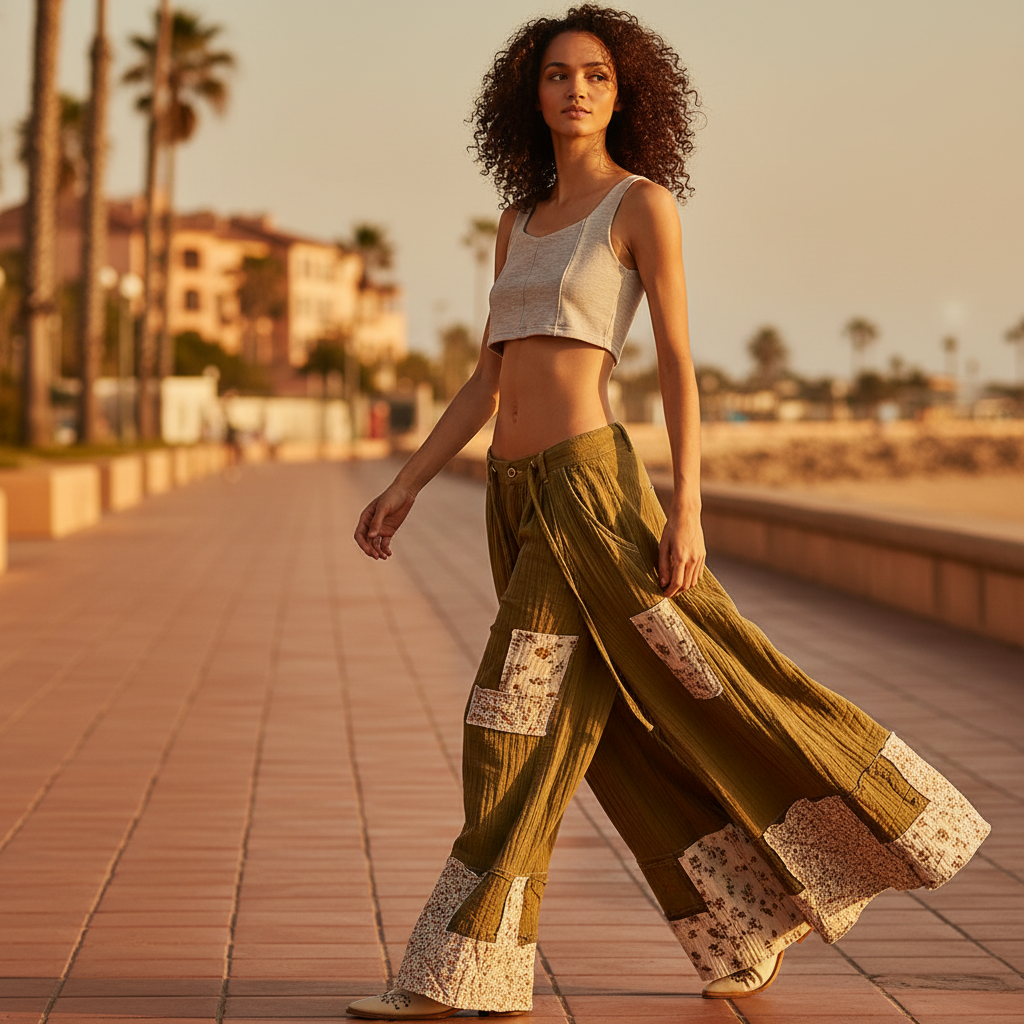 Women's army green patchwork pants, walking pose, cream floral hem panels, quilted crinkle fabric, relaxed fit