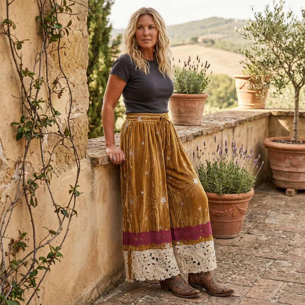 A Rare Bird Shop women's gold wide-leg velvet pantaloons styled with charcoal top on a stone terrace