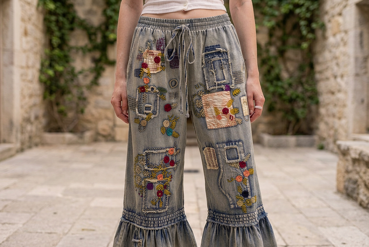 Blue Velvet women's denim pants, landscape detail of drawstring waistband and rectangular embroidered patches