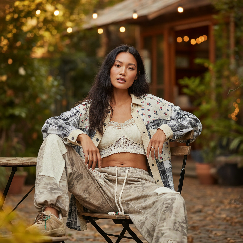 Women's natural multi plaid floral patchwork shirt jacket boho layering piece garden café outfit