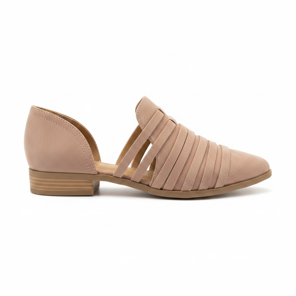 Women's taupe d'Orsay flat side profile showing open cutout silhouette and stacked block heel