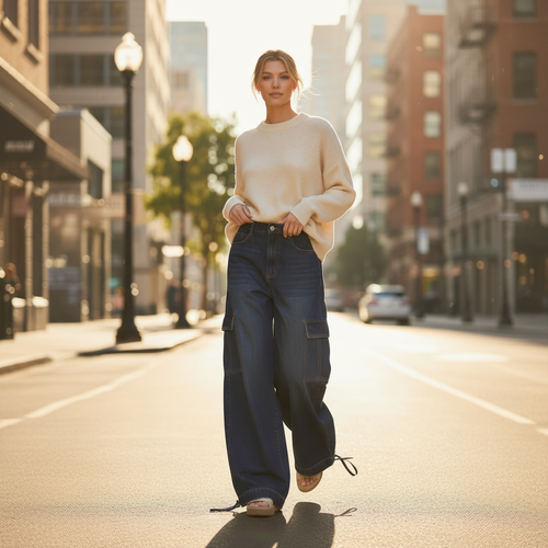 Woman wearing dark wash wide-leg denim cargo pants styled with oversized cream sweater