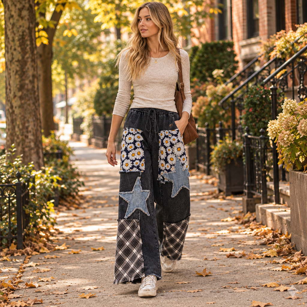 Sage + Fig women's denim star and daisy wide-leg pants styled for an autumn sidewalk walk