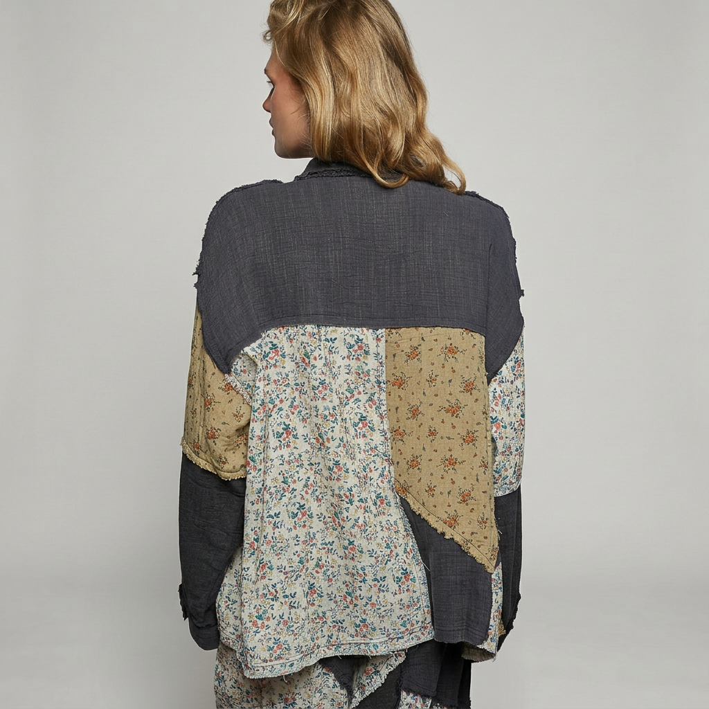 Back view of a charcoal shirt with cream and pale blue floral patchwork panels against a seamless gray background.