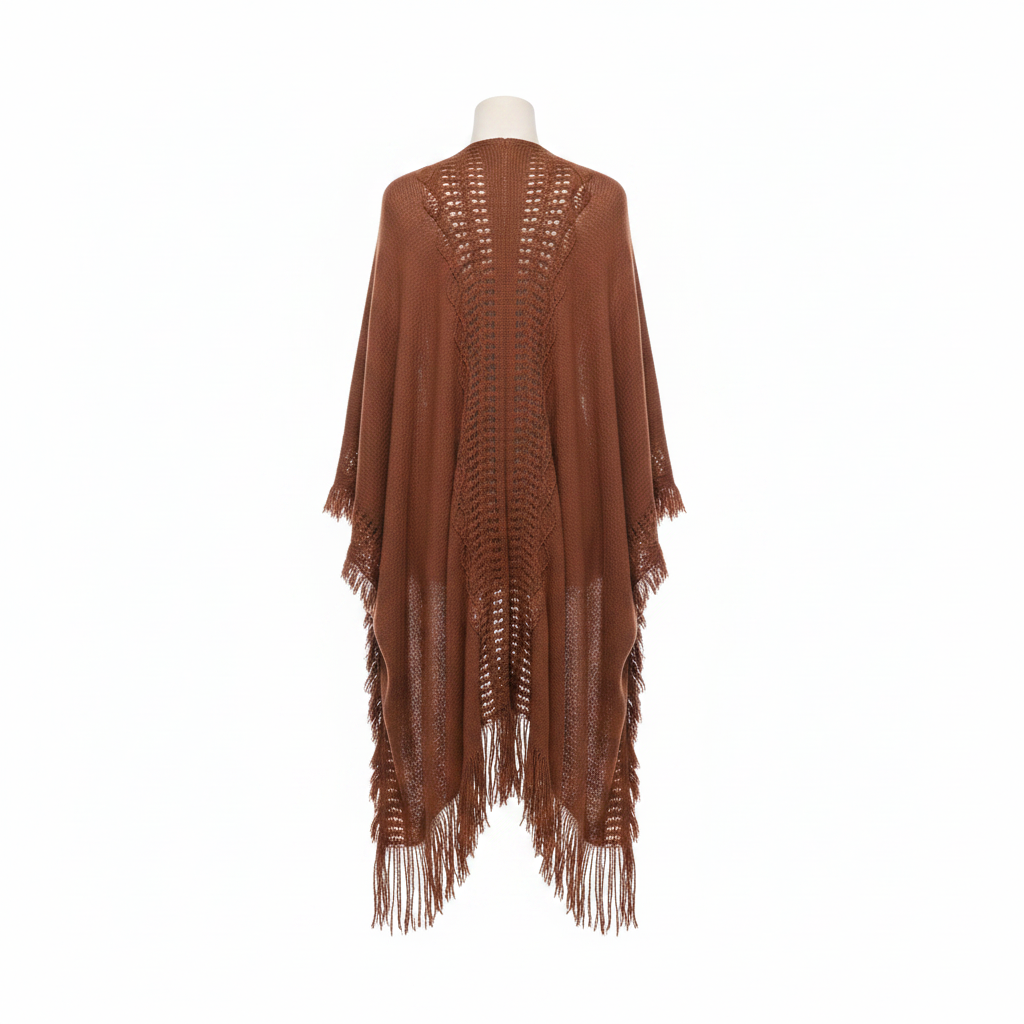 Women's rust brown fringe ruana wrap, back view, ladder-stitch open-knit panel, full-length drape