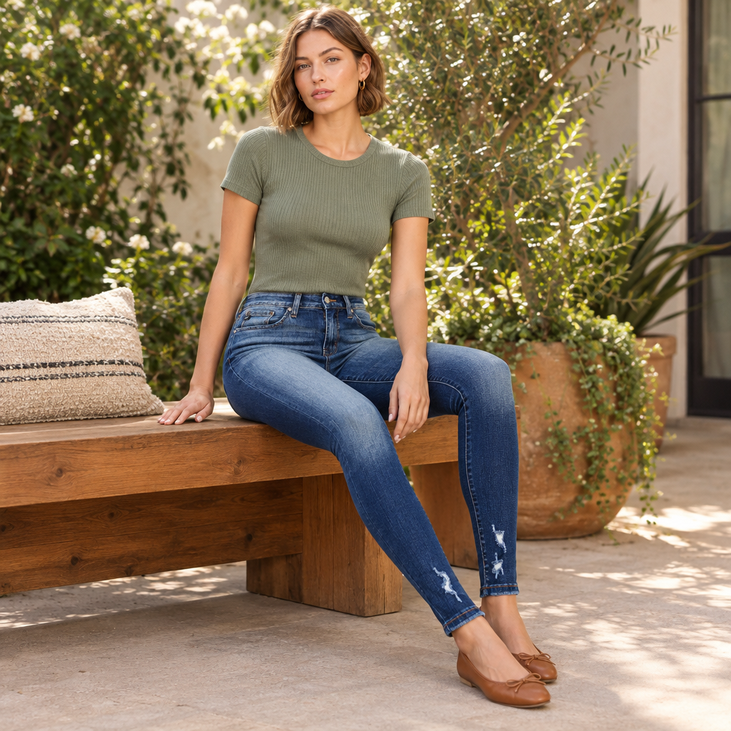 KanCan women's dark wash mid-rise super skinny jeans styled with a sage top while seated on a patio bench