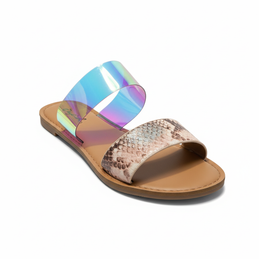 Qupid Athena blush multi snake iridescent holographic flat sandals - front view showing dual strap design on white background