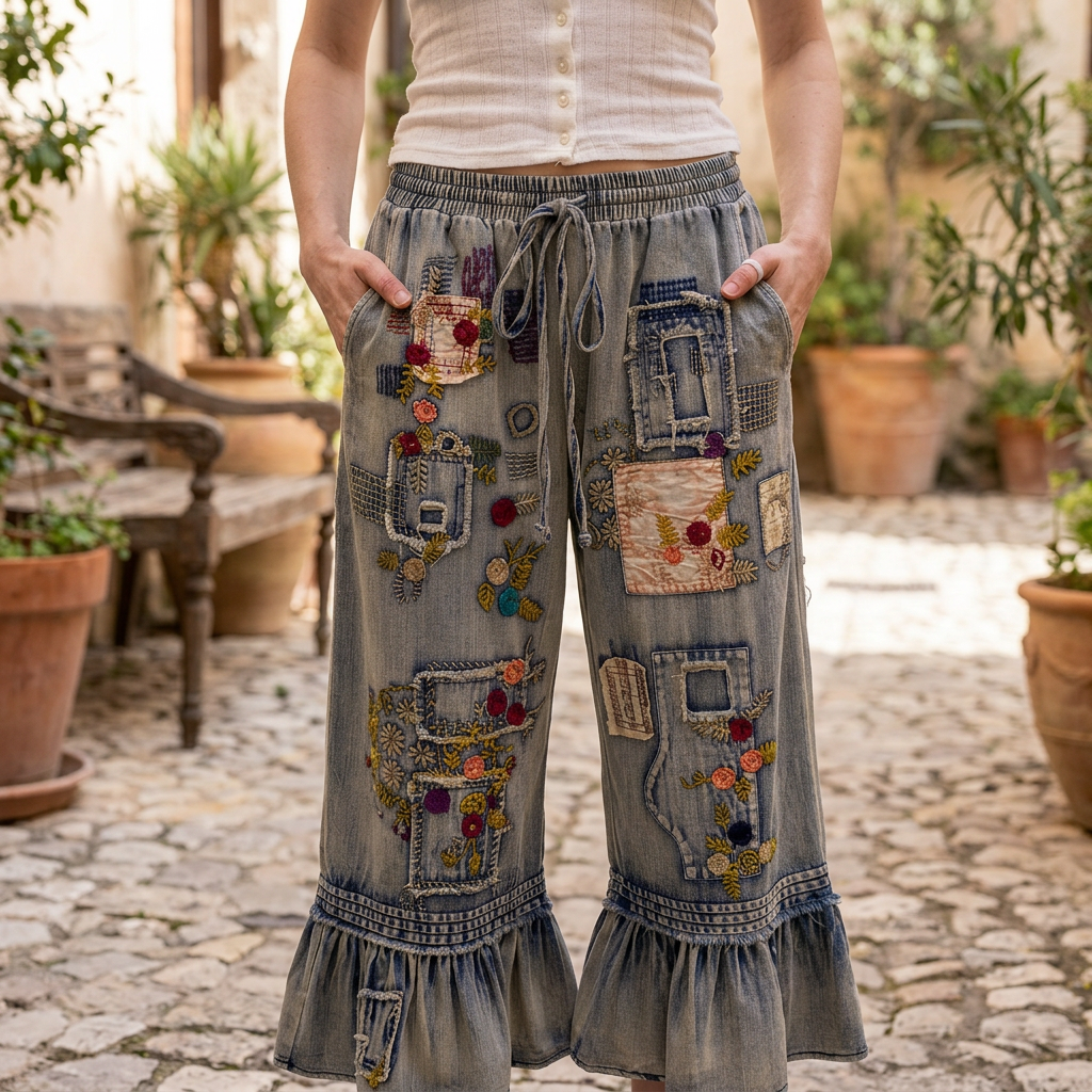 Blue Velvet women's denim pants showing elastic drawstring waist and colorful embroidered patches