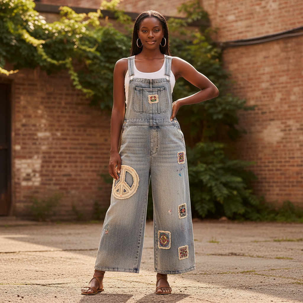 Bluevelvet women's acid wash denim overalls, peace patch appliqué, folk embroidery, wide leg relaxed fit - BellanBlue