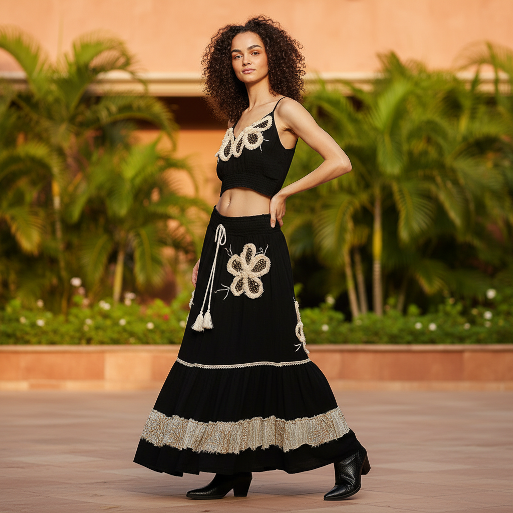 POL Clothing women's black embroidered fringe ruffle maxi skirt on resort terrace, smocked waist, cream lace trim - BellanBlue
