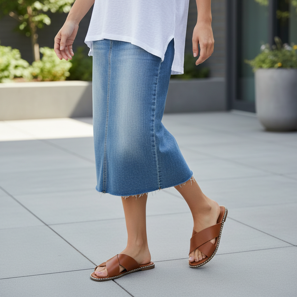 Woman wearing tan slide sandals - lifestyle shot