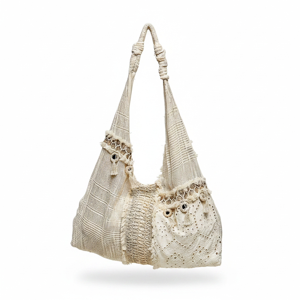 Women's cream ivory open-weave patchwork hobo bag front view with knotted strap fringe trim white background
