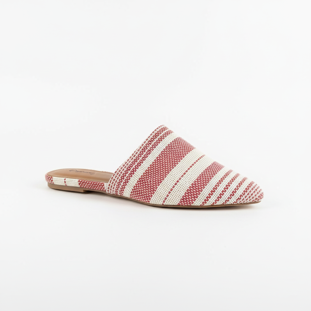 Women's red and cream striped pointed-toe mules - side view