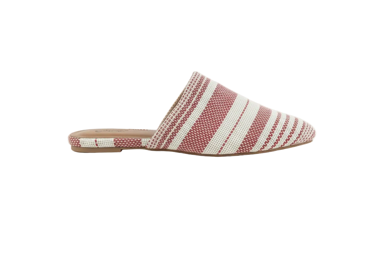 Women's red and cream striped pointed-toe mules - side view
