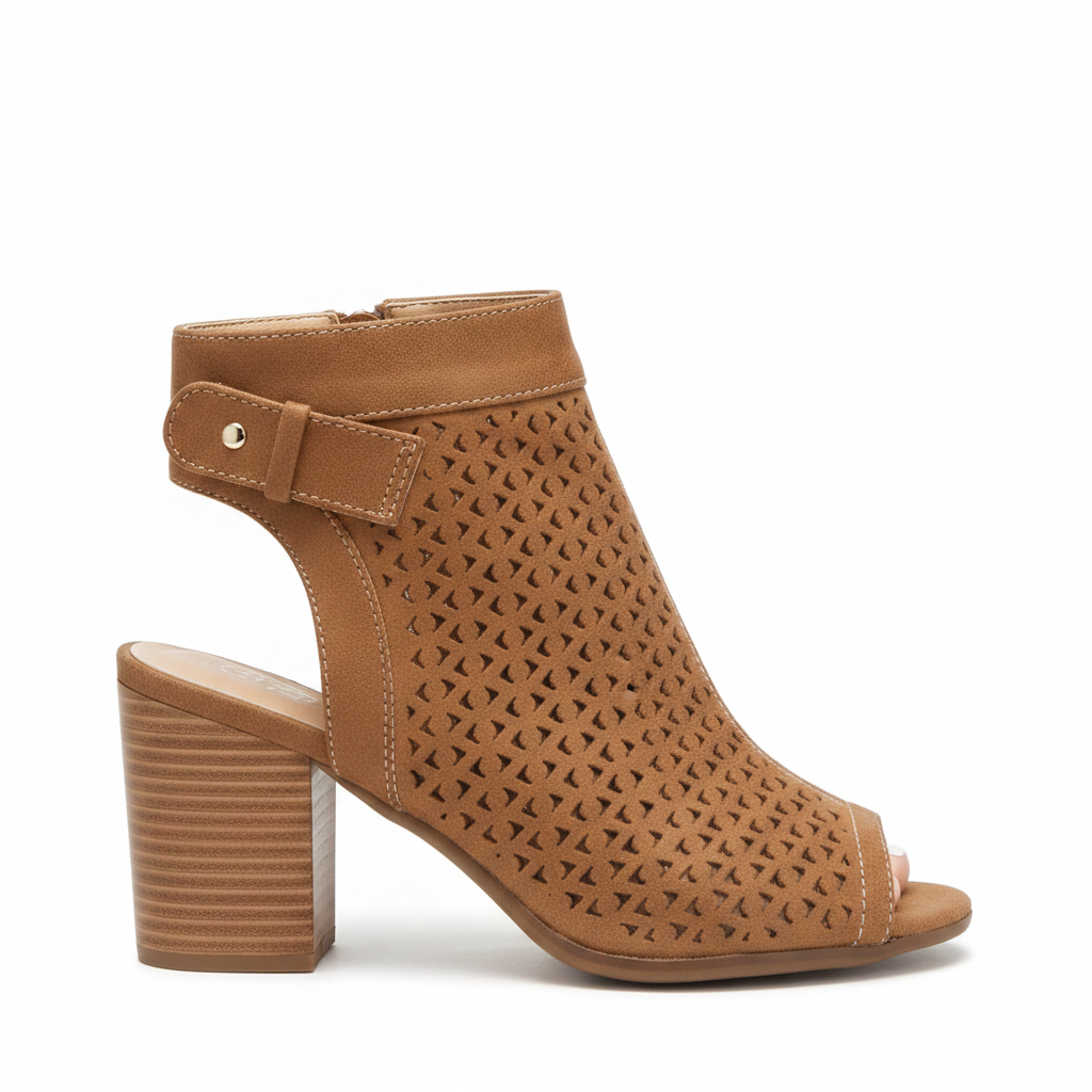 Tan perforated faux suede peep-toe slingback bootie side profile showing open back ankle strap with gold rivet and stacked block heel