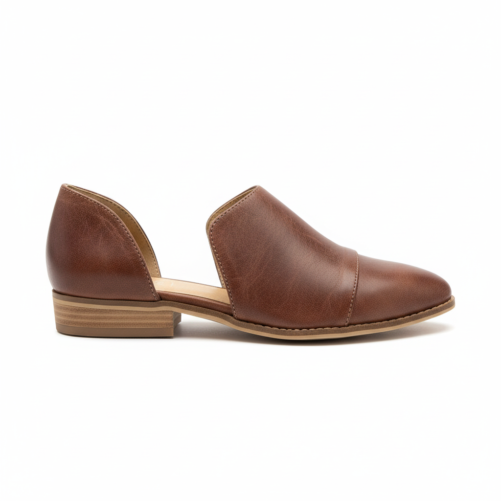Women's cognac brown D'Orsay cutout flat side profile view showing side cutout design and low stacked heel