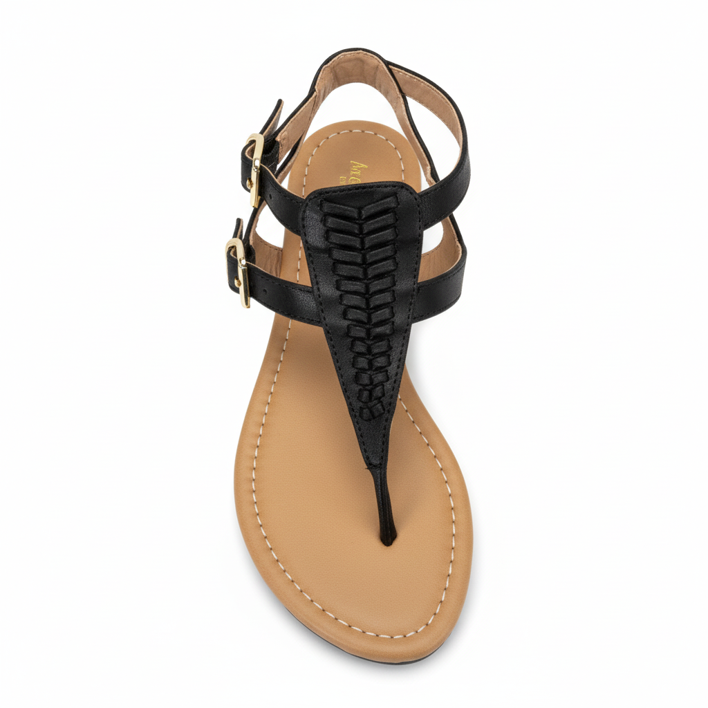 Black braided thong sandal, top-down view showing woven T-strap, gold buckle hardware, and tan footbed, white background