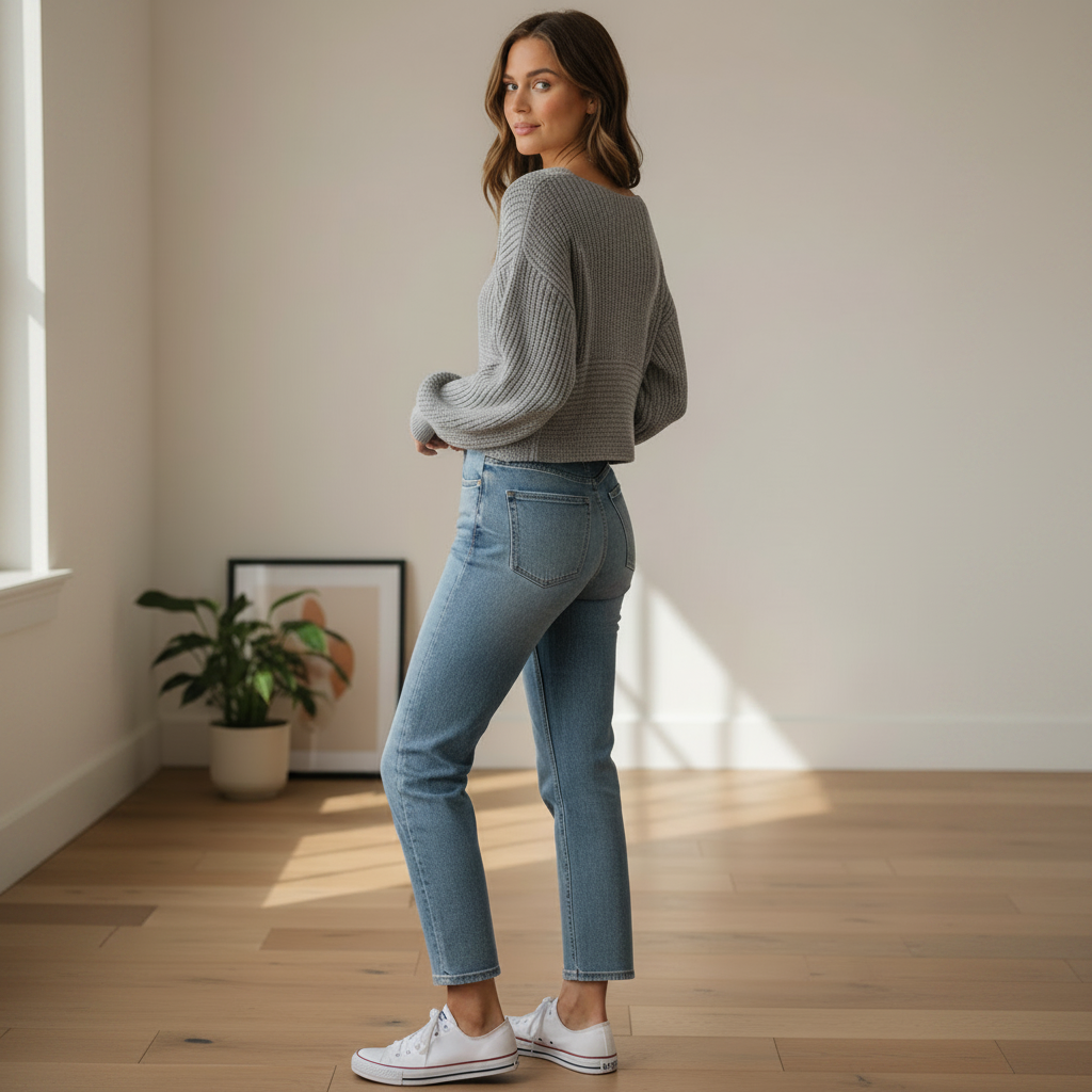 Love Tree women's grey two-way cropped sweater, boat neckline, chunky knit, home interior casual styling