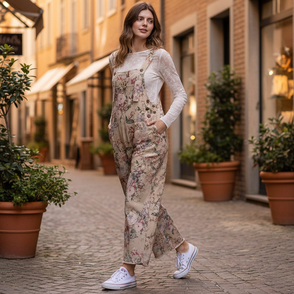 Blue Velvet taupe floral print overalls walking on a boutique sidewalk, wide-leg silhouette