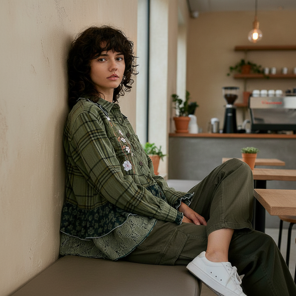 POL Clothing women's olive plaid patchwork top with teal ruffle detail, coffee shop casual styling