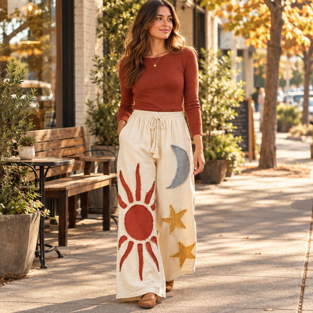 Mello women's cream sun, moon and star wide-leg pants styled with a rust top outside a café