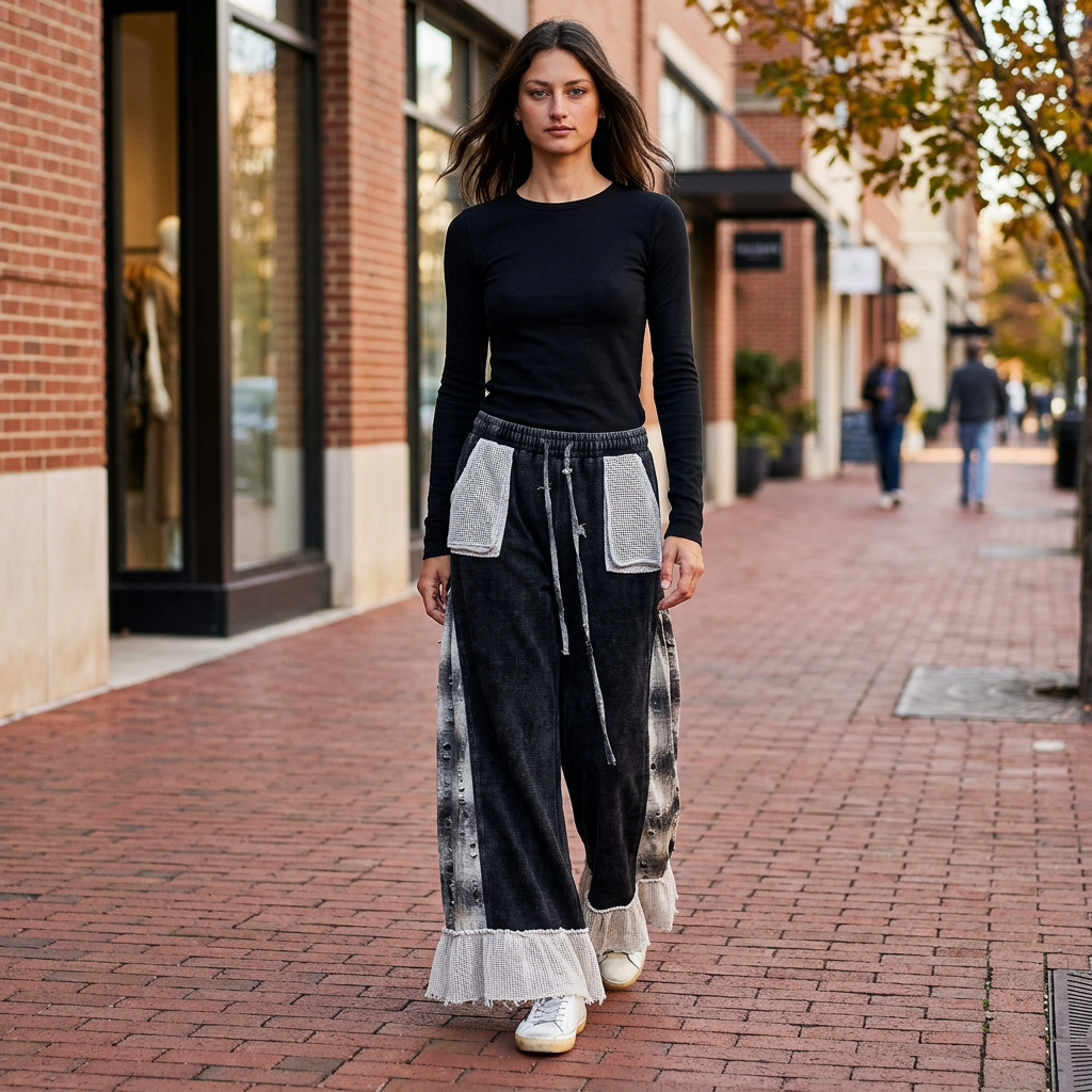 Woman wearing black plaid-panel wide-leg pants with ruffle hems and a black top on a brick walkway.