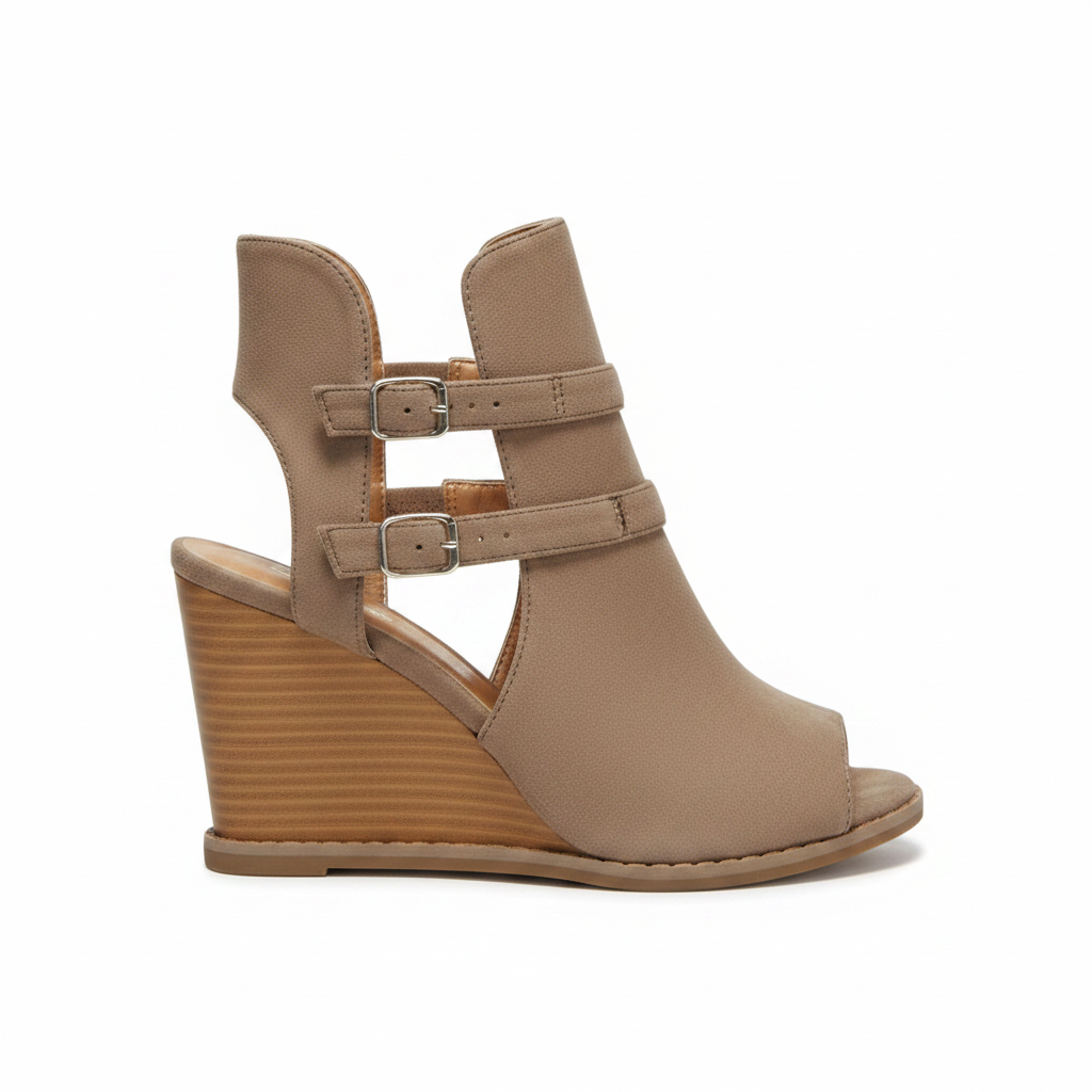 Qupid Finley taupe wedge bootie outer-side profile, double buckle straps and wood-grain wedge heel, white background