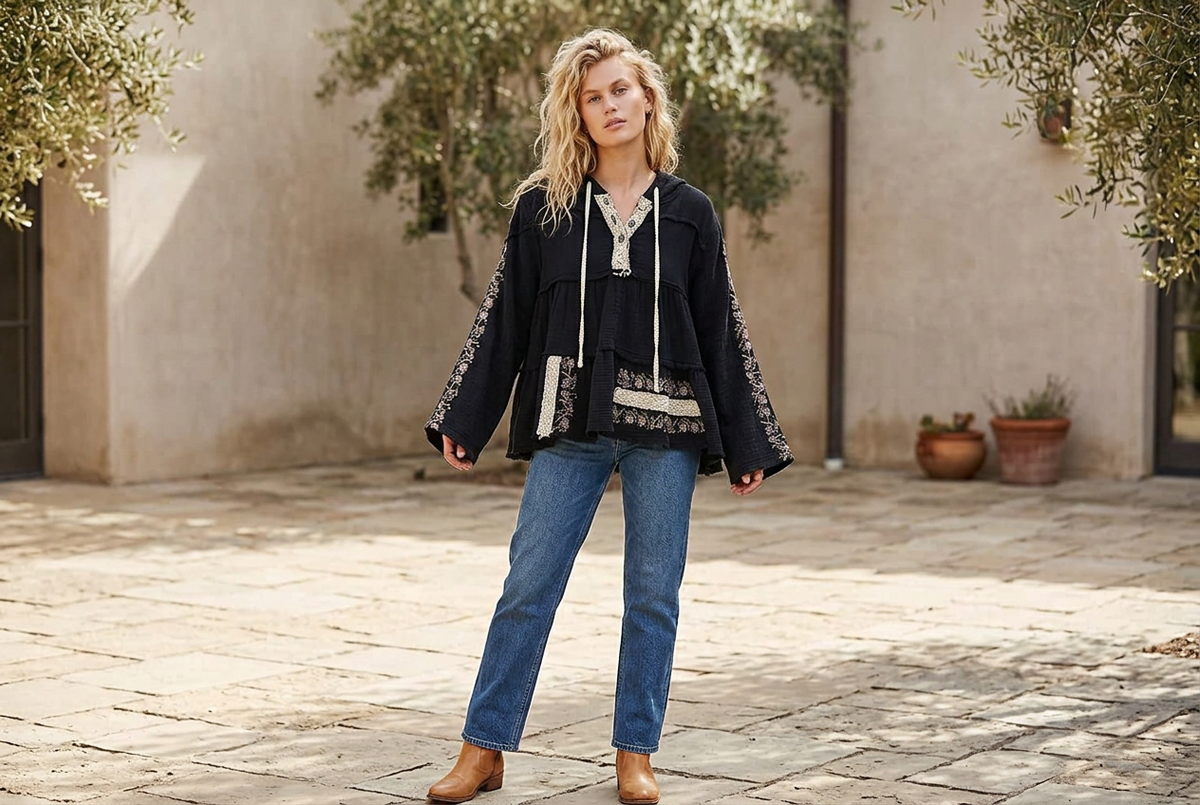 POL Clothing women's black embroidered gauze hoodie with jeans in a stone courtyard, landscape view