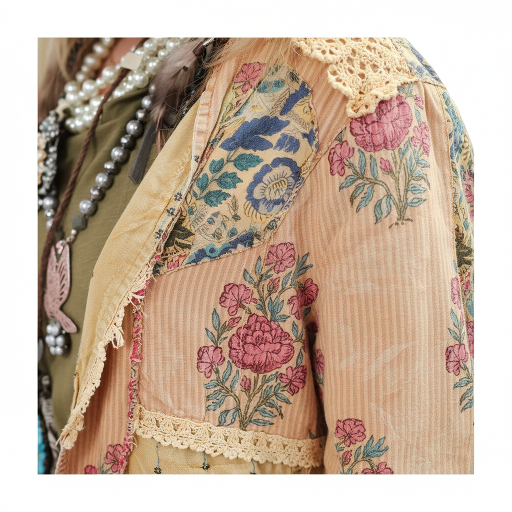 Women's peach floral jacket close-up lace crochet collar and cuff trim detail, artisan patchwork cotton, loose fit