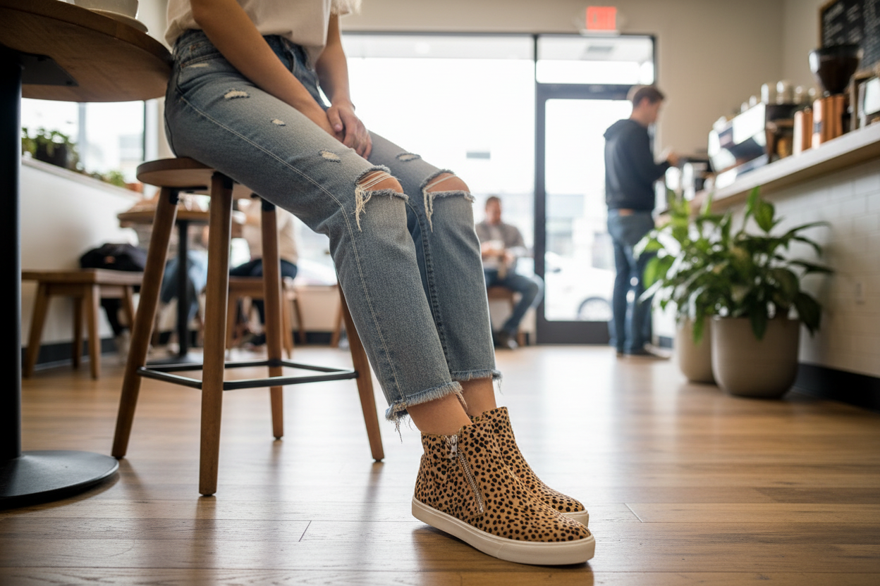 Close-up of leopard print high-top sneakers with distressed denim at trendy coffee shop