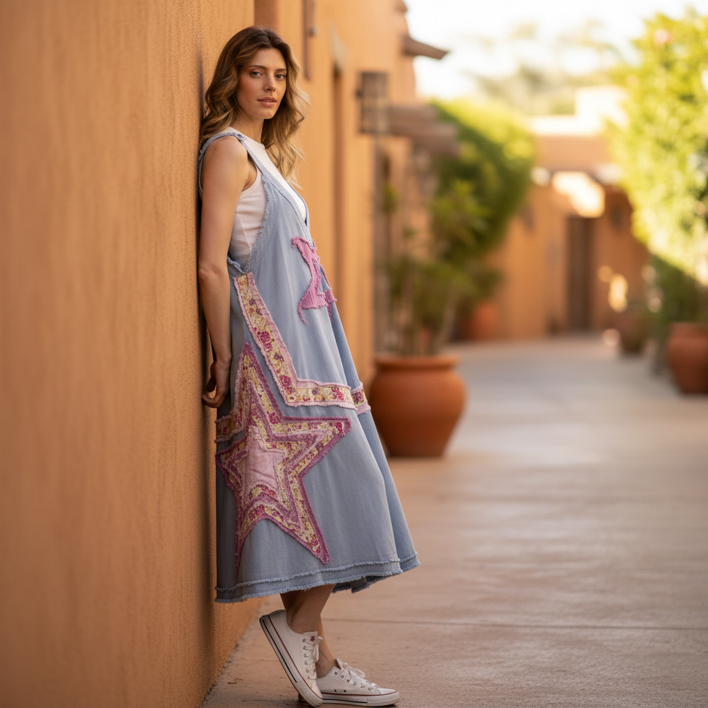 Bluevelvet floral patchwork wide-leg jumpsuit leaning on resort walkway wall in warm afternoon light