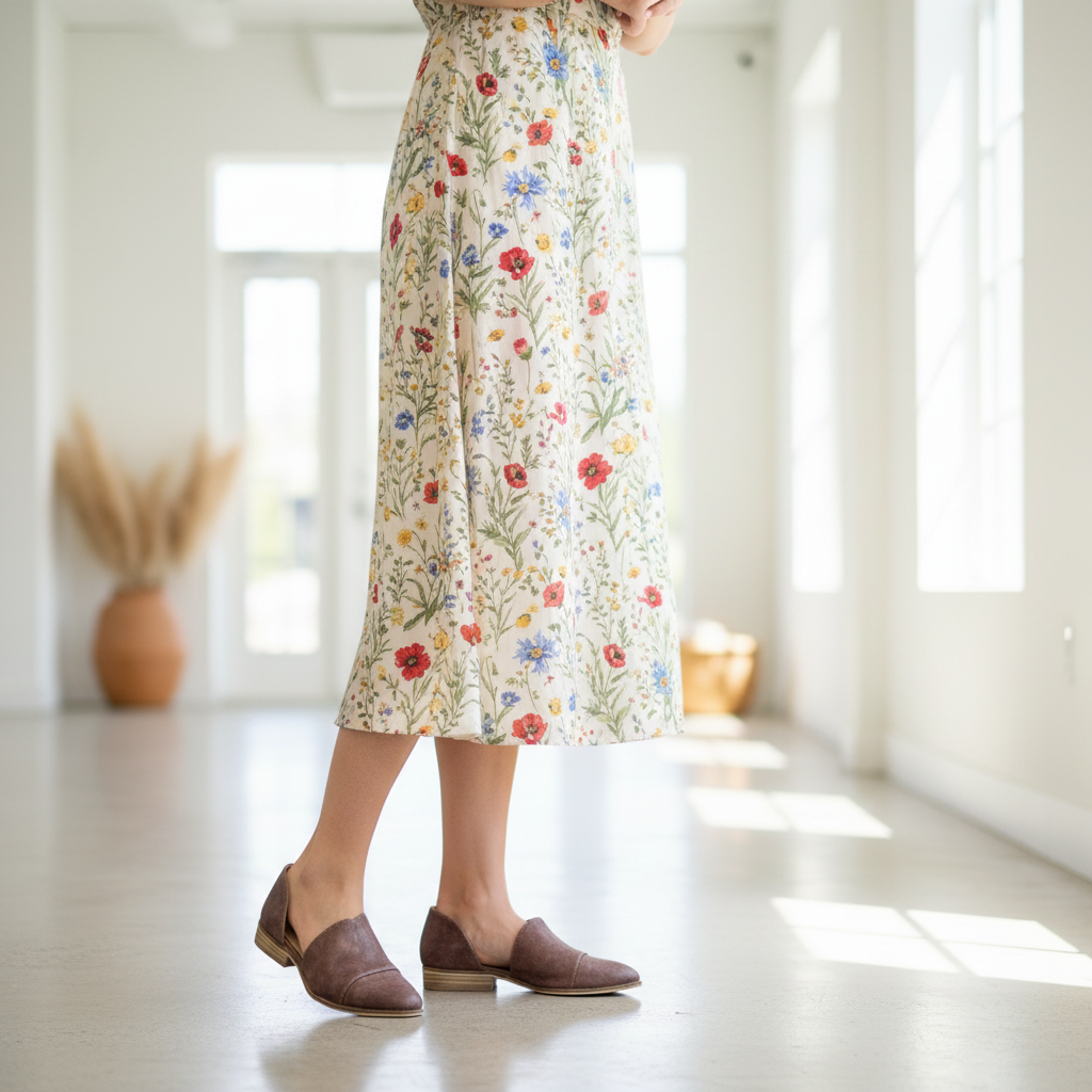 Women's cognac brown pointed toe D'Orsay flats styled with midi floral dress minimalist interior editorial