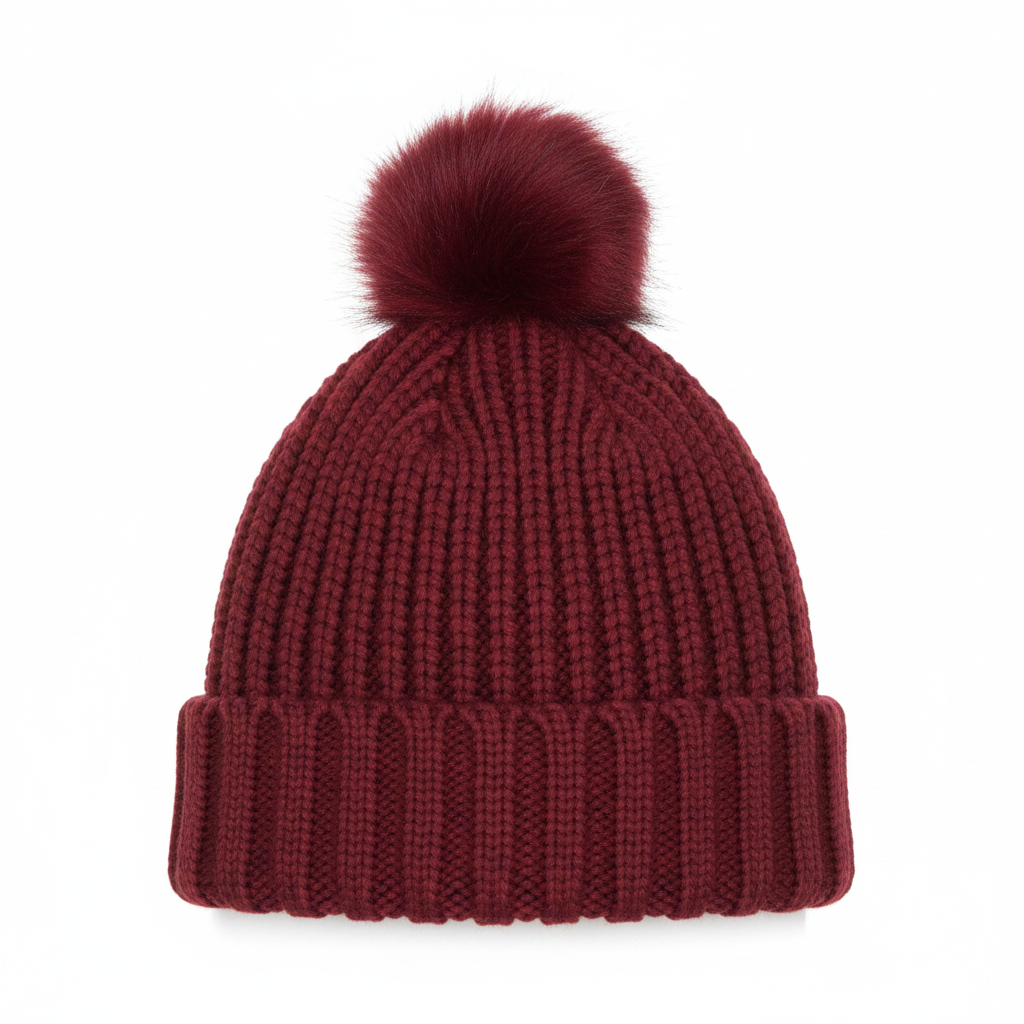 Women's burgundy chunky knit pom-pom beanie hat with ribbed cuff, relaxed fit - BellanBlue