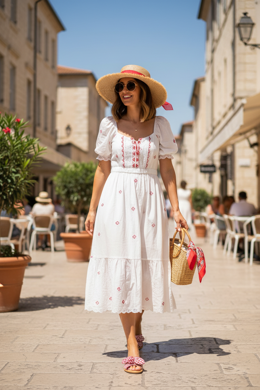 Woman wearing red and white gingham bow sandals casual outfit styling