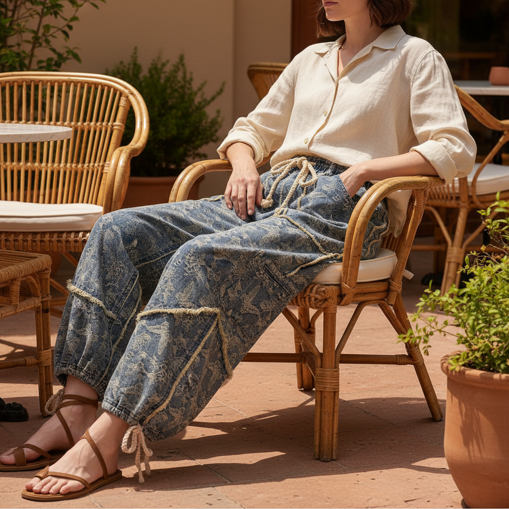 Bluevelvet denim balloon pants with gathered ankle hem and cargo pocket, outdoor café brunch look