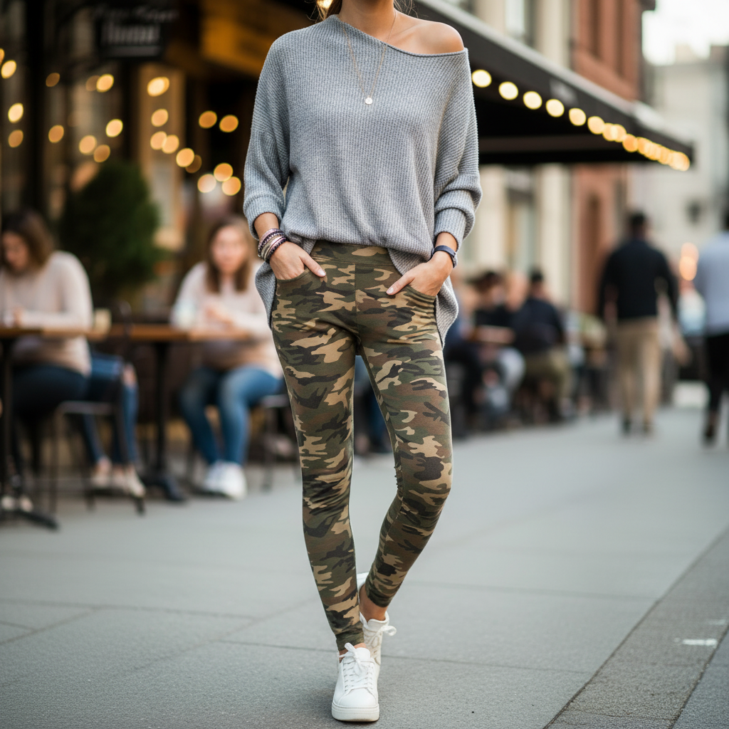 Person wearing a gray sweater and camouflage pants on a city street.