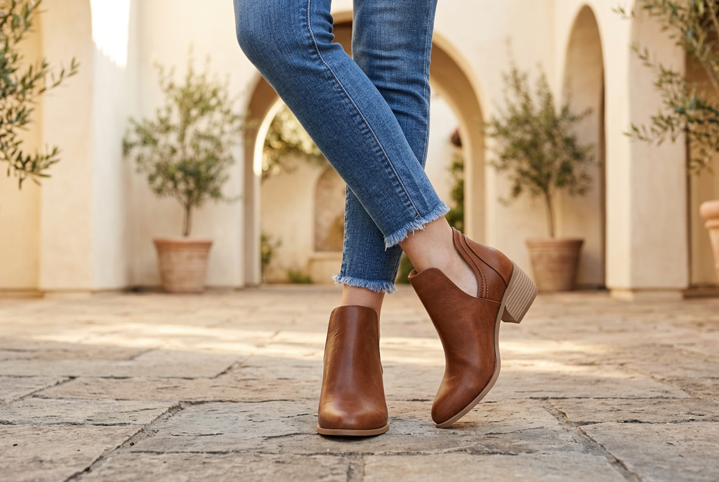 Cognac side-cutout ankle boots with low stacked heels worn with cropped jeans in a sunlit stucco courtyard.