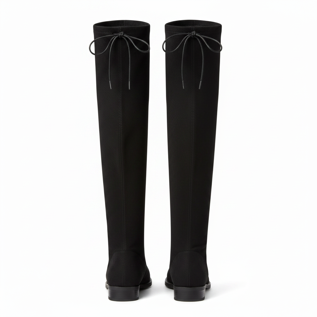 Pair of Verona black faux suede over-the-knee boots, straight rear view showing back tie bow at top on white background