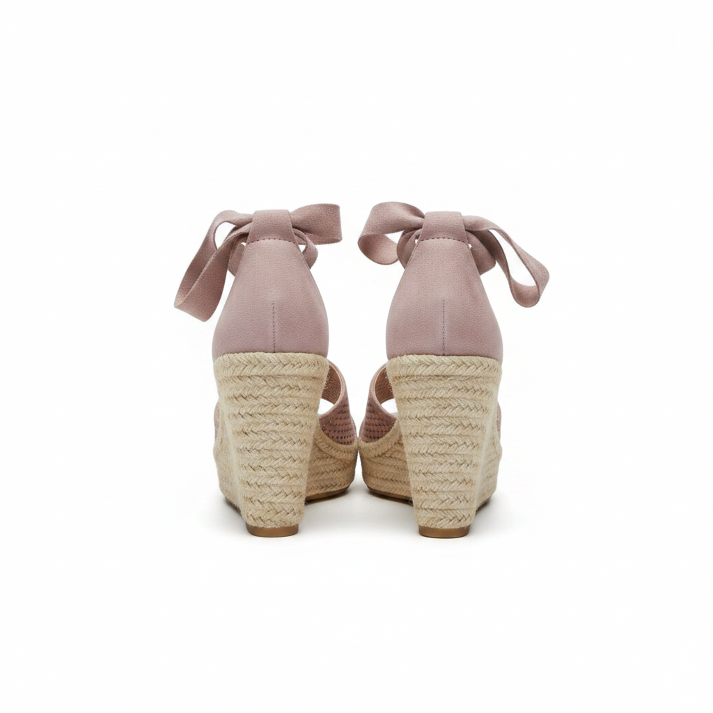 Pair of mauve-grey perforated espadrille wedge sandals straight rear view showing jute rope wedge heel and ribbon ankle ties