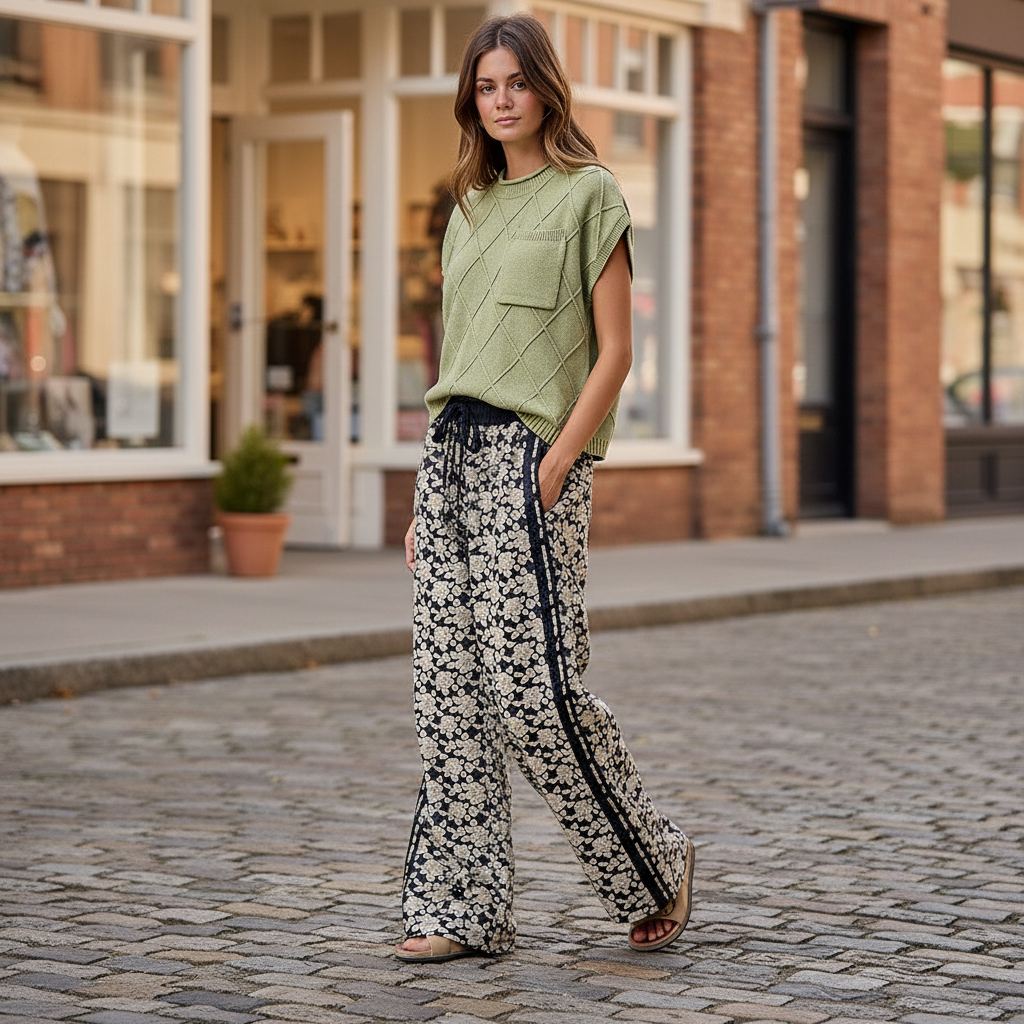 BiBi women's black floral wide leg pants with drawstring waist, boutique street style