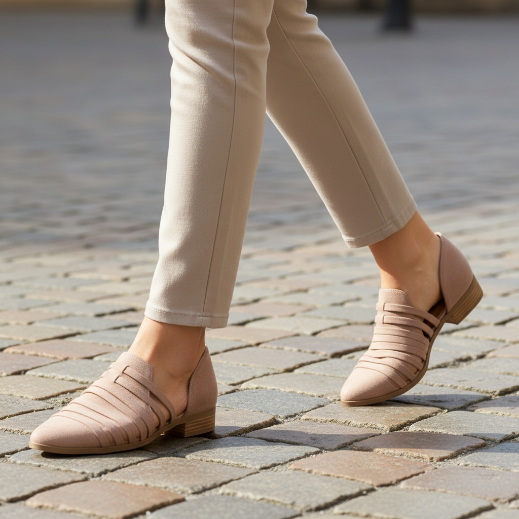 Woman walking in stone cage strap Qupid d'Orsay flats, mid-stride close-up on cobblestone in slim neutral pants