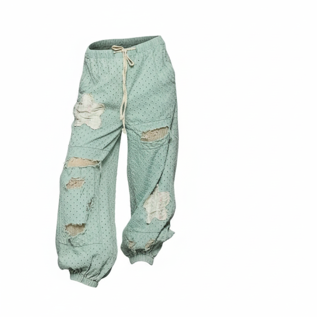 Women's mint green polka dot wide-leg pants front view, drawstring waist, relaxed boho fit