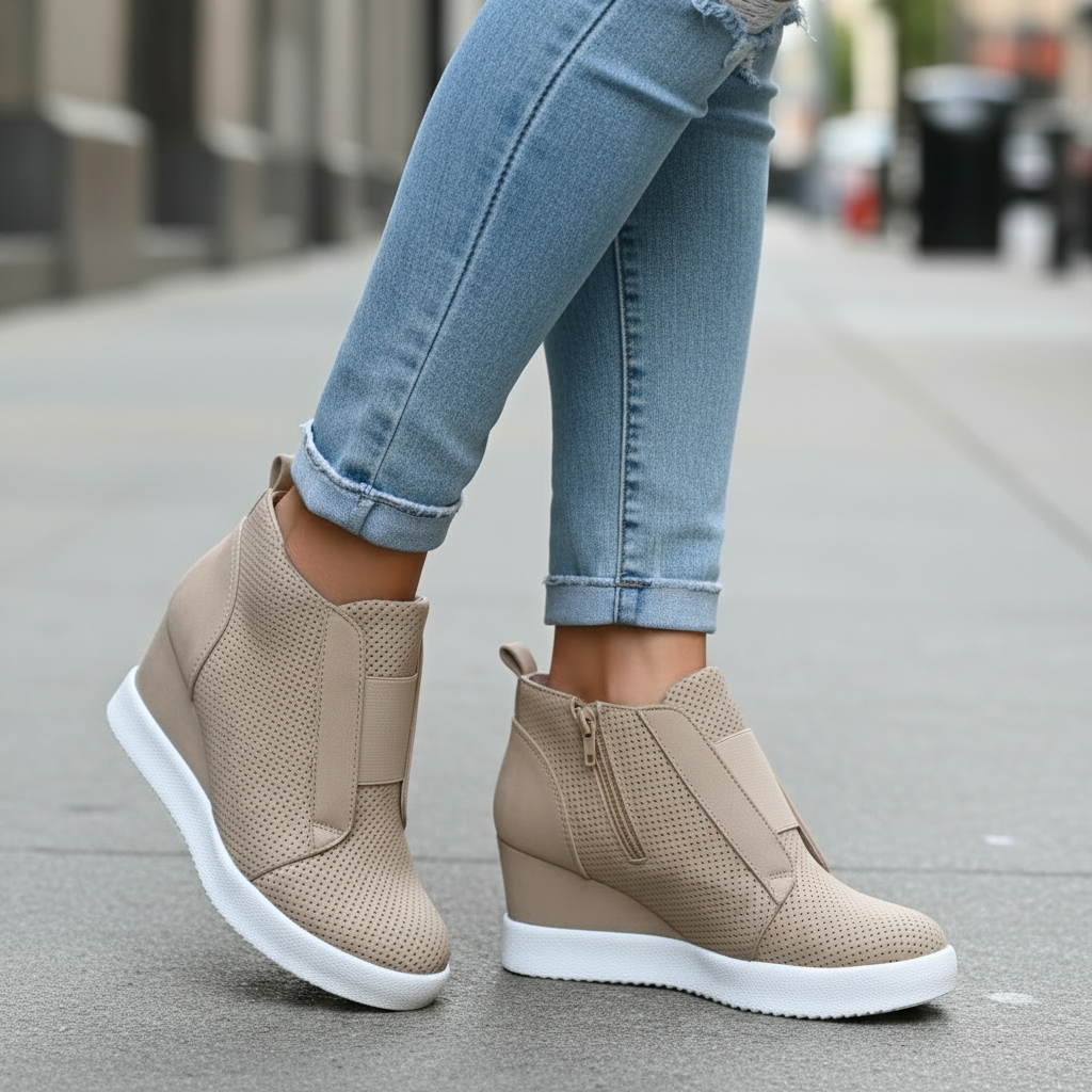 A women wearing light blue ripped jeans and beige wedge ankle boots with white soles, standing on a city sidewalk.