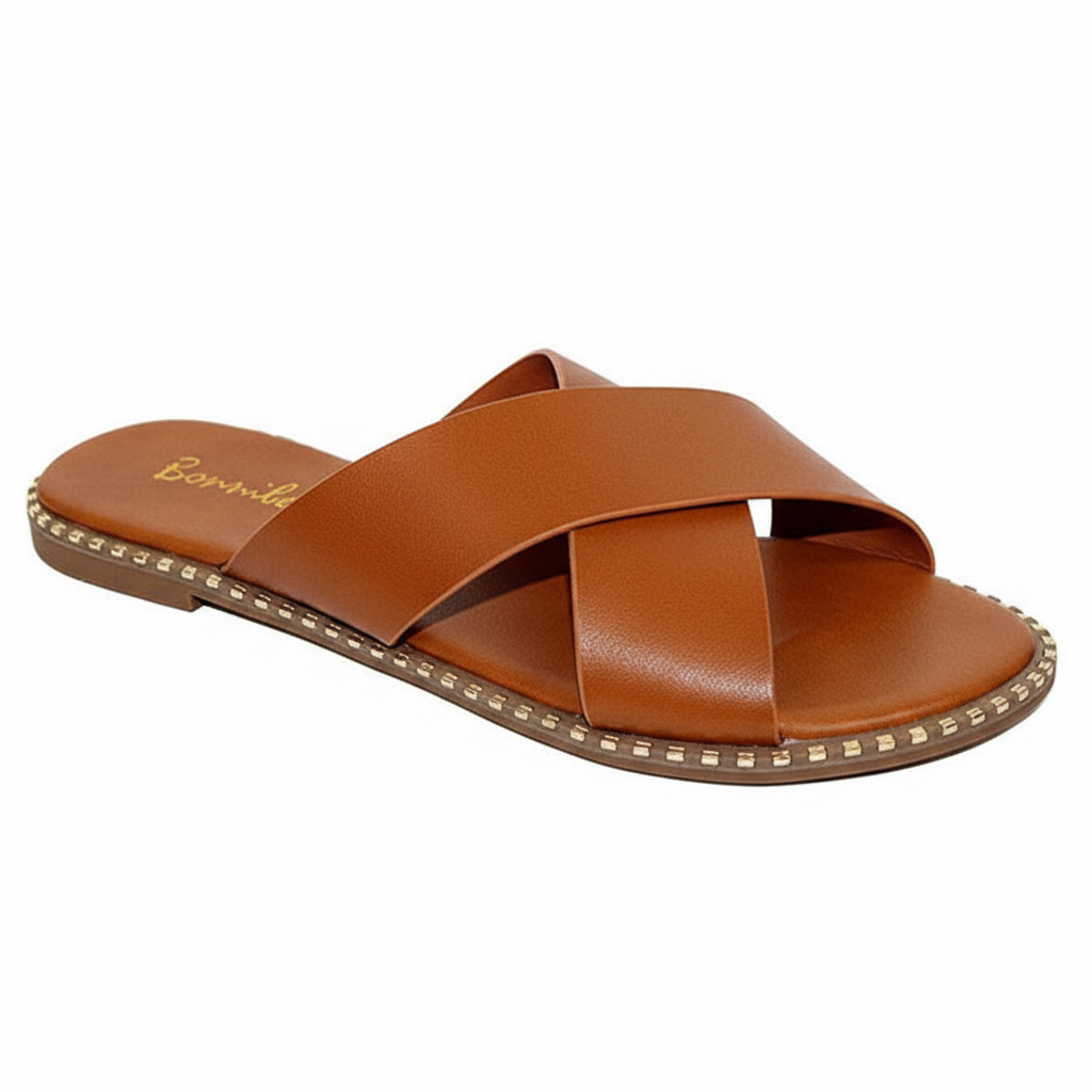 Tan slide sandals with crisscross straps - three quarter view