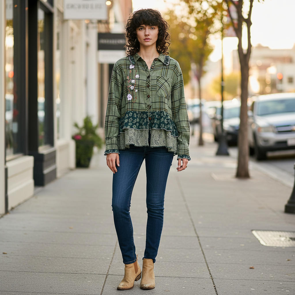 POL Clothing women's olive plaid patchwork button-up top with floral embroidery, boutique street style - BellanBlue