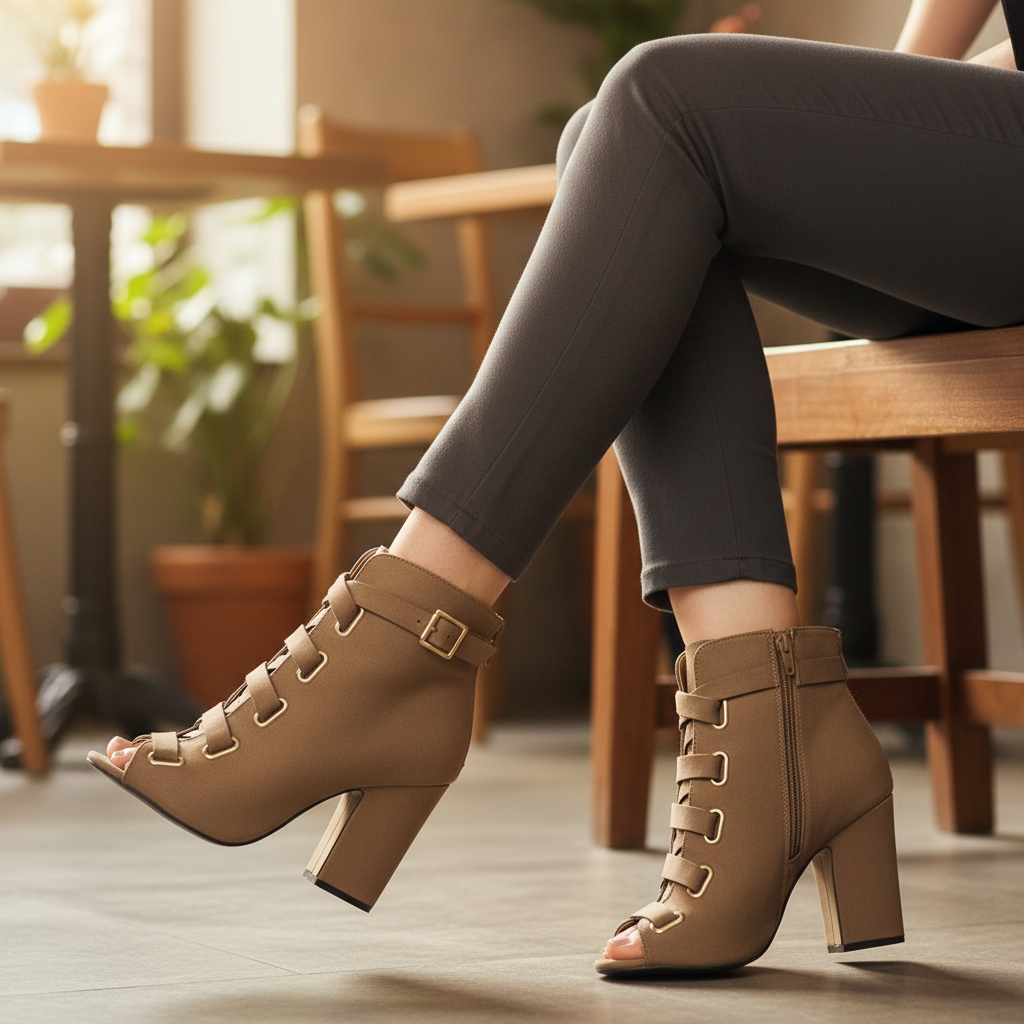 Woman seated showing outer side of taupe Qupid ankle booties with gold buckle strap and D-ring hardware